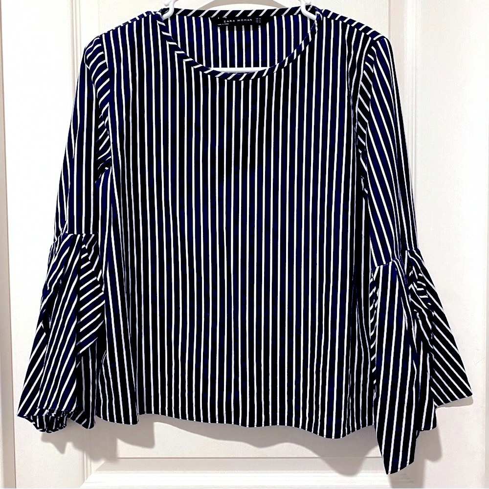 Zara Woman Navy and White Stripe with 3/4 Pleated and Tucked Bell Sleeves
